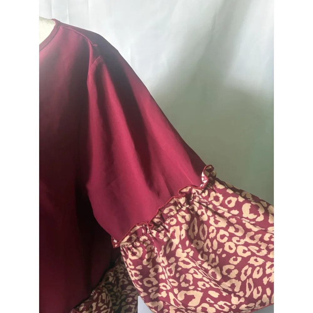 Peplum Flowy Red Blouse Leopard Print Boho Ruffle Hem Short Sleeve Plus Size